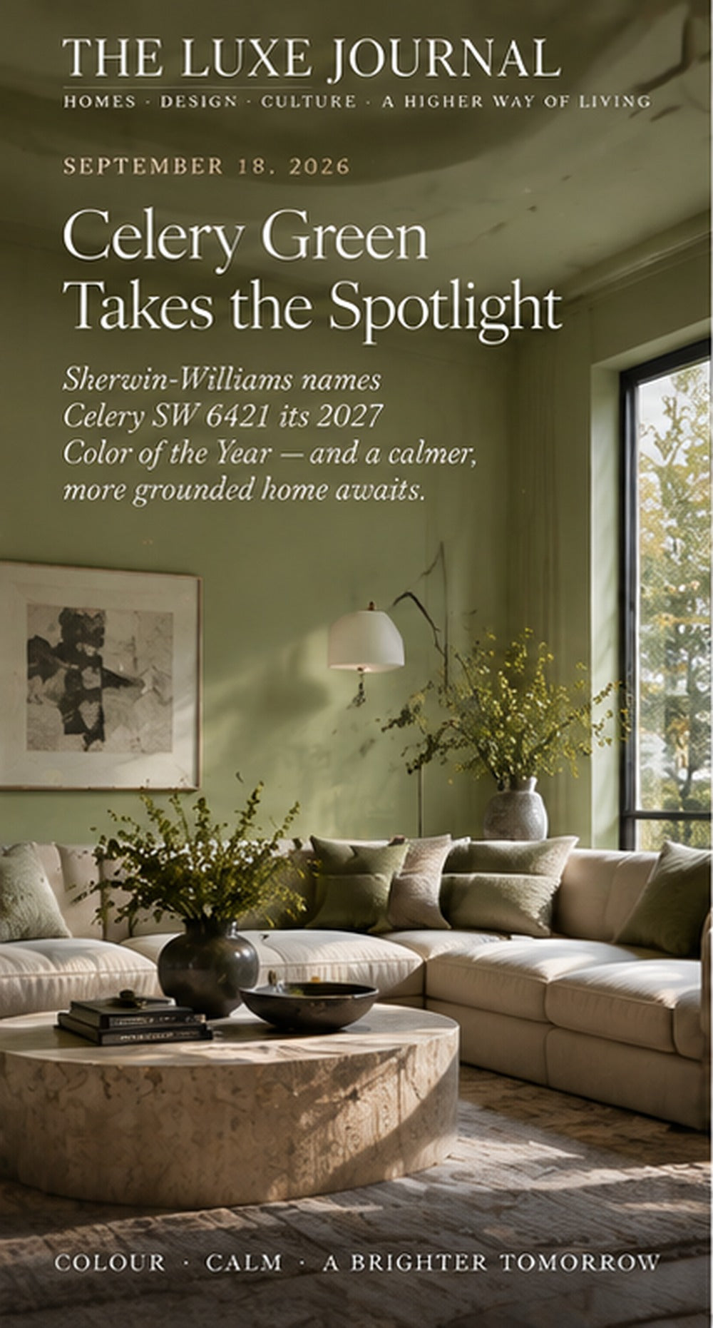 THE LUXE JOURNAL design news cover for Sherwin-Williams Celery SW 6421, 2027 Color of the Year