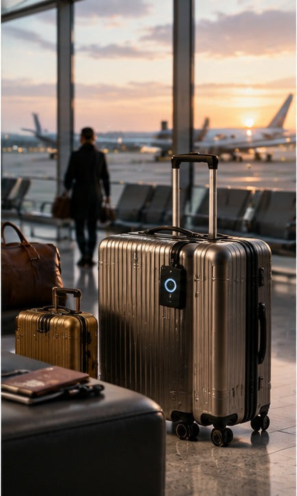 THE LUXE JOURNAL cover for smart luggage 2026 with tracked premium suitcases in an airport terminal