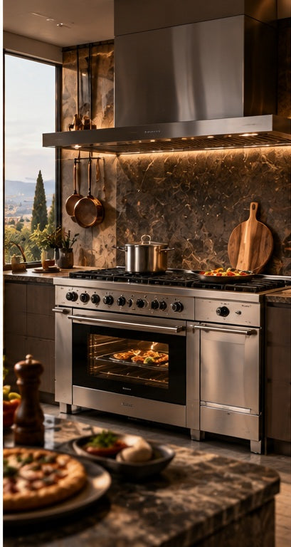 THE LUXE JOURNAL appliance news cover for the latest Smeg Opera range cooker in a sophisticated stainless-steel kitchen