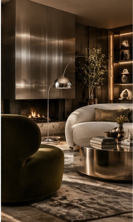 THE LUXE JOURNAL cover for soft industrialism with chrome, stainless steel and sculptural furniture in a warm luxury living room