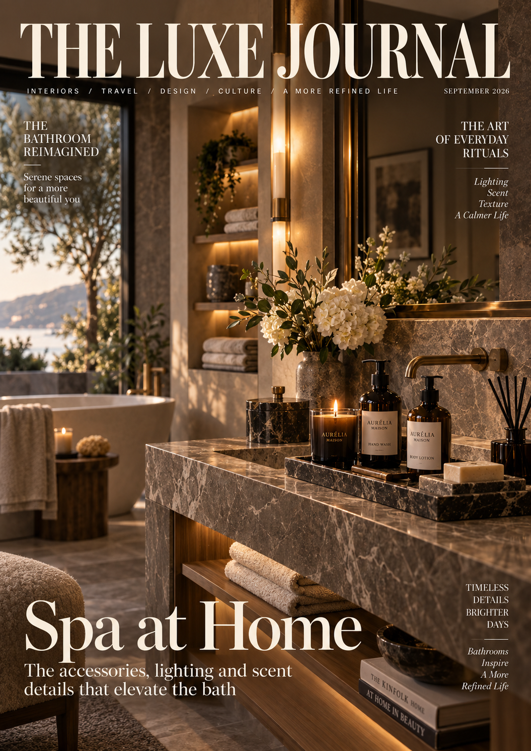 The Luxe Journal luxury home spa cover featuring marble vanity, refined bath accessories, fragrance and warm architectural lighting