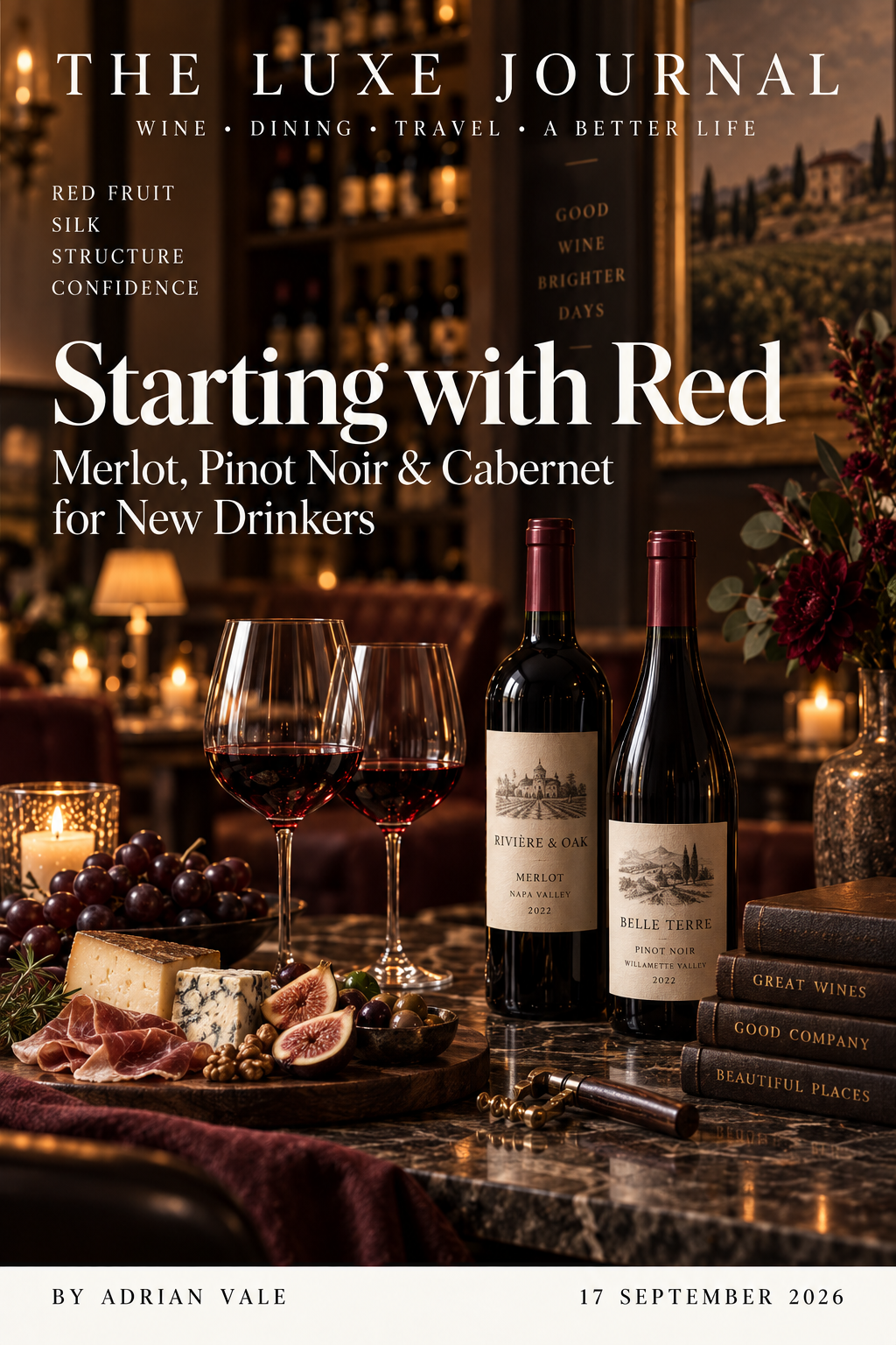 Luxury magazine cover introducing Merlot Pinot Noir and Cabernet to new wine drinkers