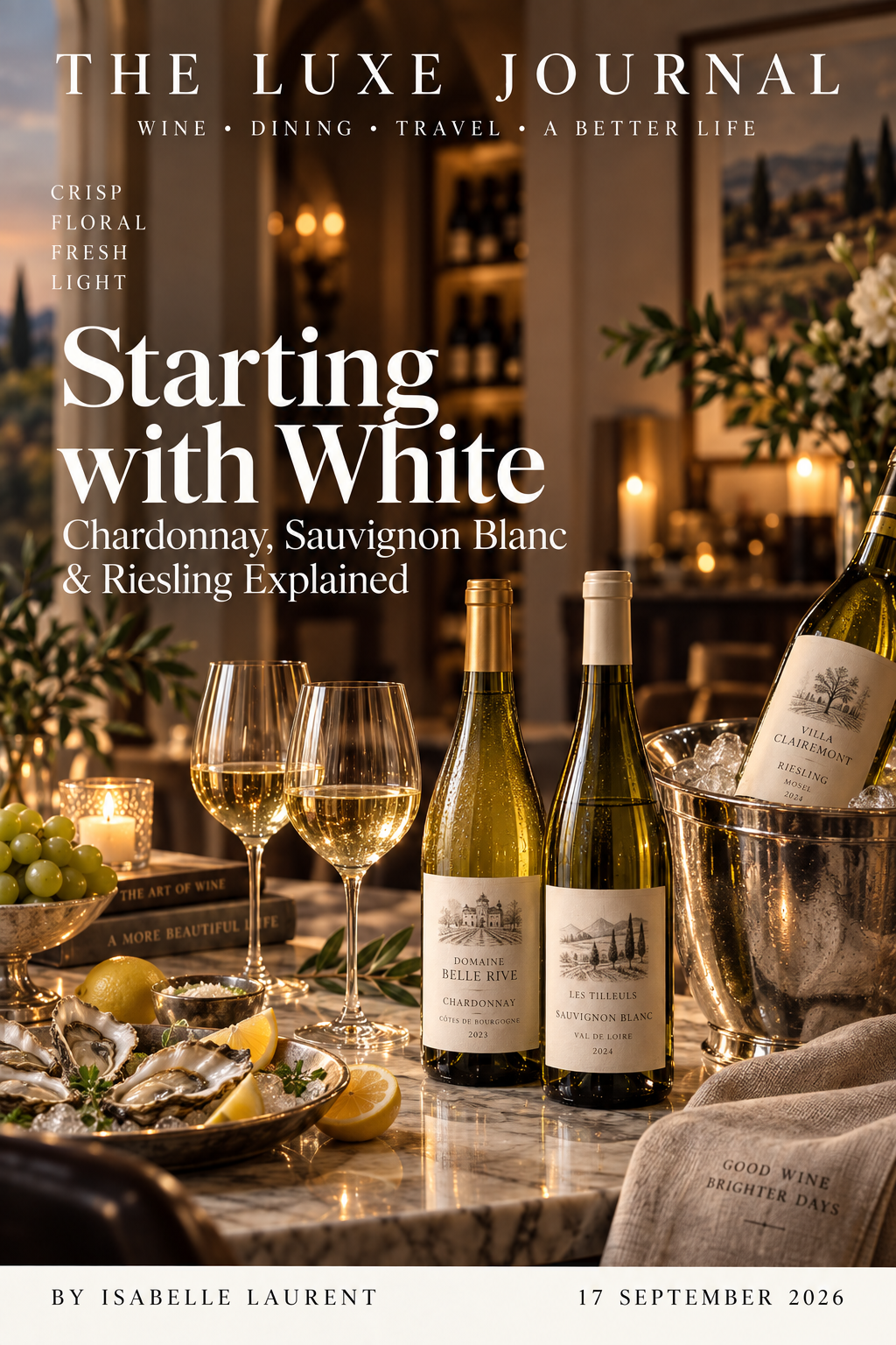 Luxury magazine cover explaining Chardonnay Sauvignon Blanc and Riesling for beginners