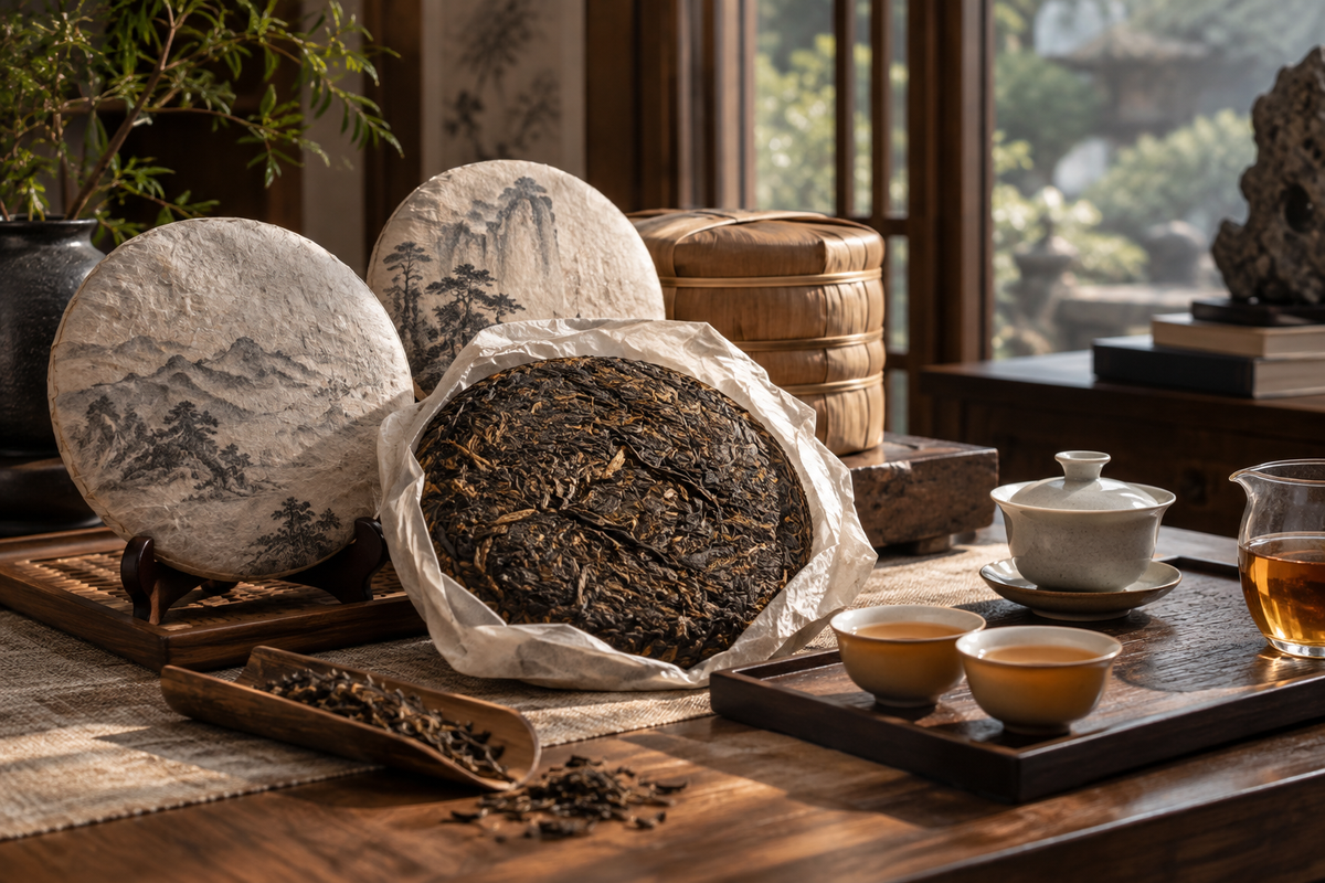 Chinese Pu-erh tea cakes with traditional teaware for THE LUXE JOURNAL beginner tea cake guide Part 1