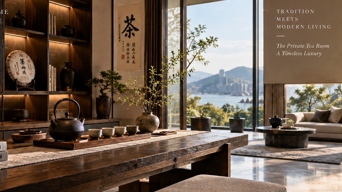 THE LUXE JOURNAL tea cake library cover with refined tea display, shelving and modern Chinese interior styling