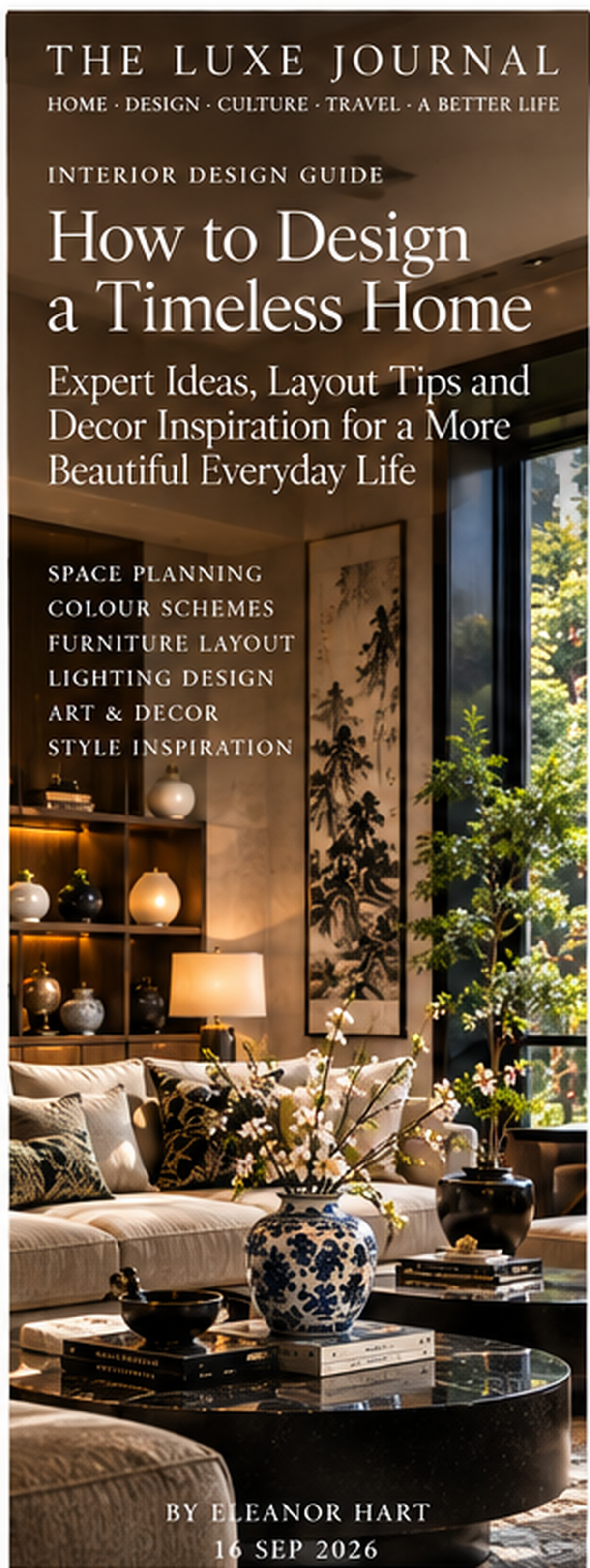 Luxury timeless home interior design editorial cover with layered lighting, art and decorative objects