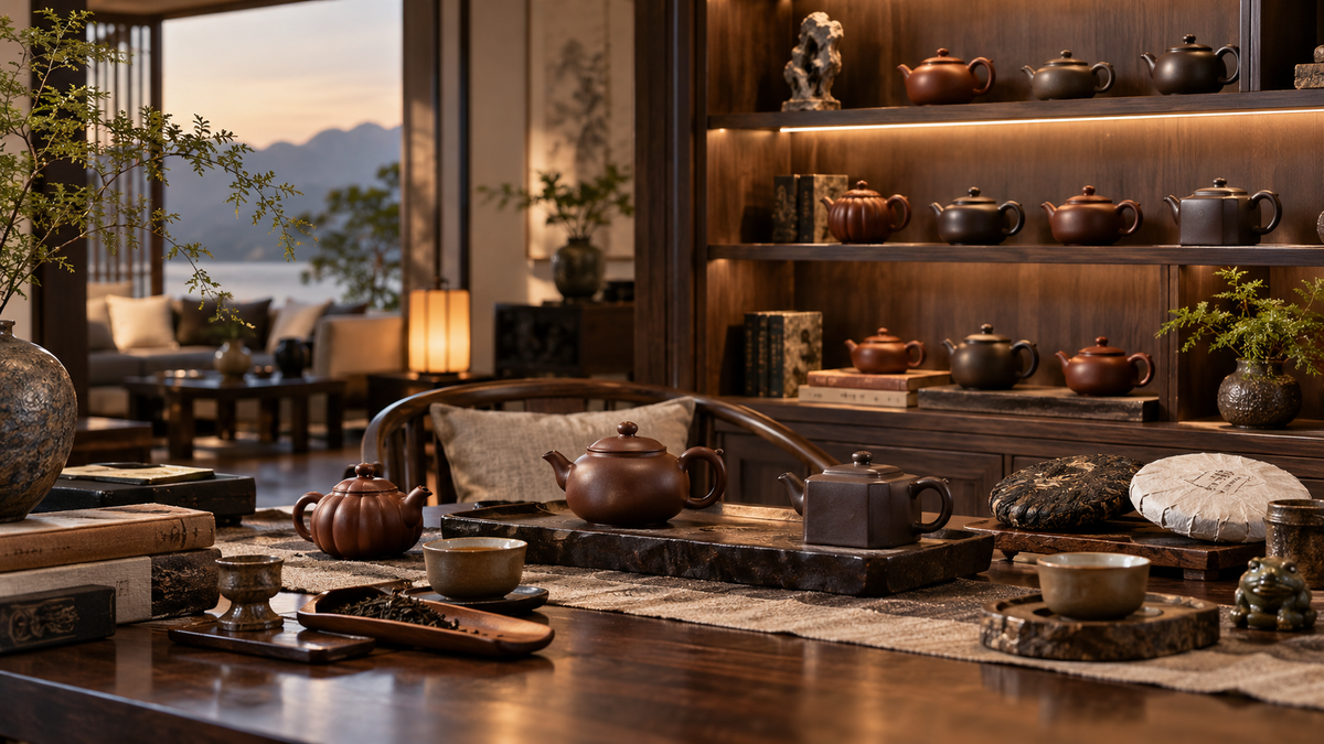 Curated home display of Yixing clay teapots in a refined tea room for THE LUXE JOURNAL collector guide