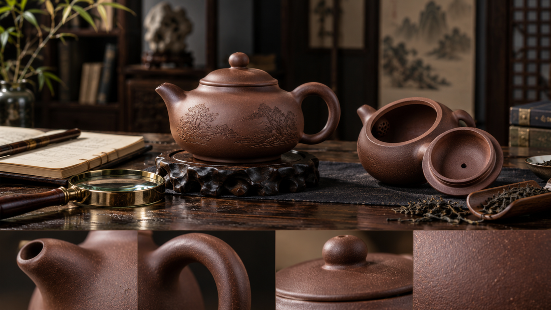 Detailed Yixing clay teapot craftsmanship study with lid, spout, handle and clay texture for THE LUXE JOURNAL
