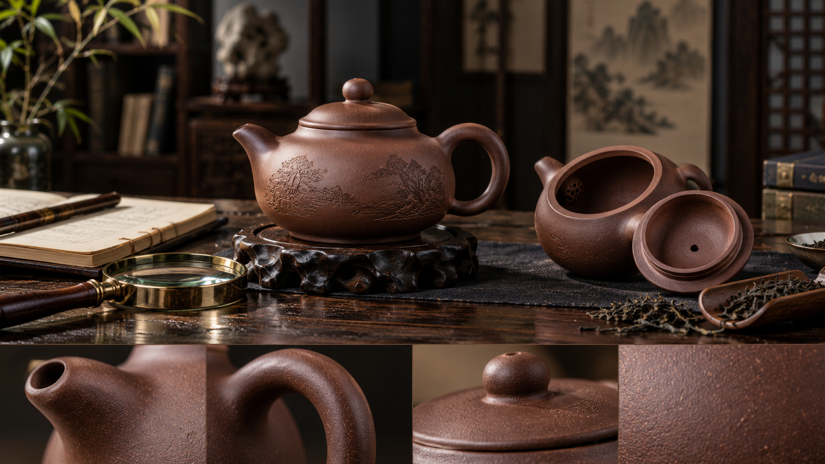 Detailed Yixing clay teapot craftsmanship study with lid, spout, handle and clay texture for THE LUXE JOURNAL