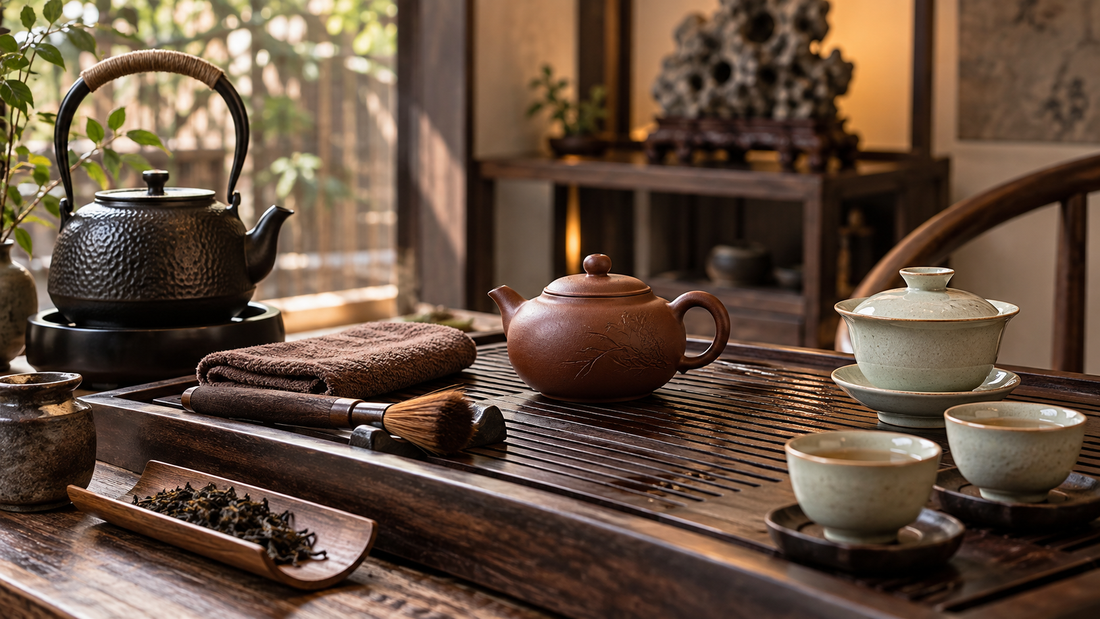 Yixing clay teapot on an elegant tea tray with tea tools for THE LUXE JOURNAL seasoning and care guide
