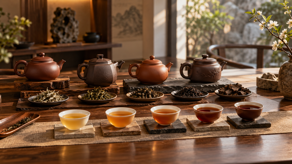 Yixing clay teapots paired with different teas and amber infusions for THE LUXE JOURNAL tea pairing guide