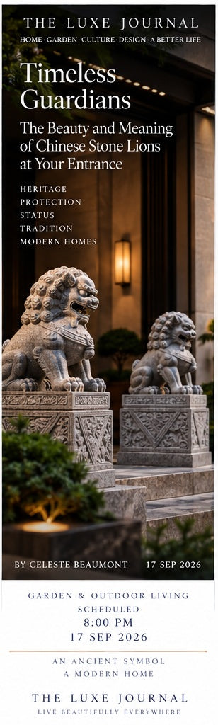 Luxury entrance styling magazine cover featuring traditional Chinese stone guardian lions, warm lantern light and refined landscaping