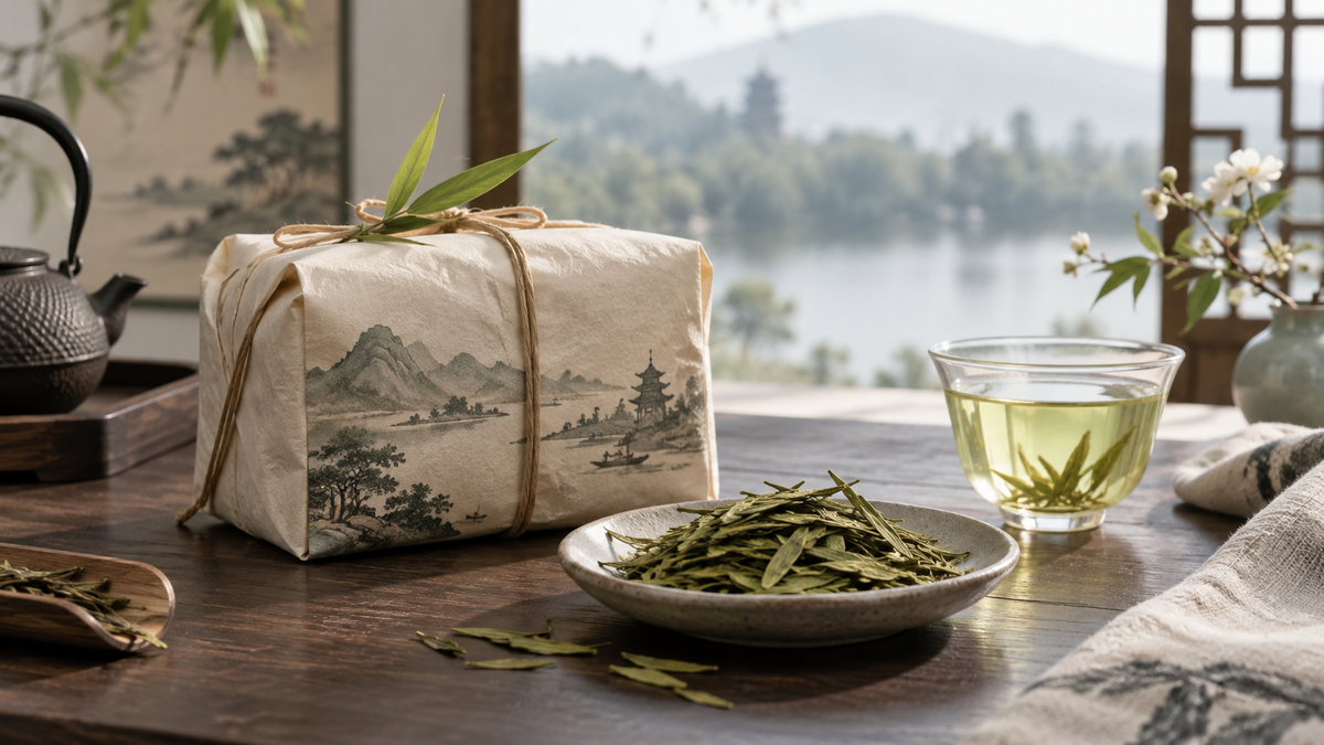 Traditional paper-wrapped Longjing green tea with flat leaves and glass brewing