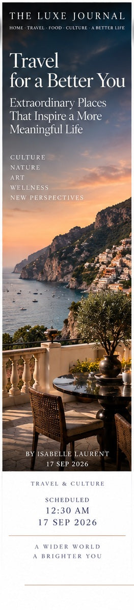 Luxury lifestyle magazine cover featuring a refined coastal terrace and Mediterranean travel scene