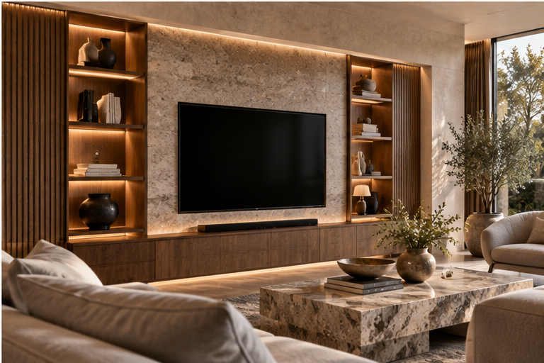 Luxury living room media wall with television, stone and built-in shelving