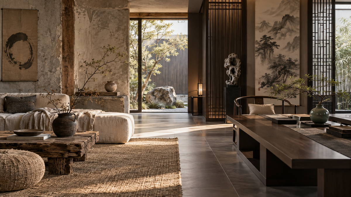 Wabi-sabi and New Chinese minimalist interior in natural materials