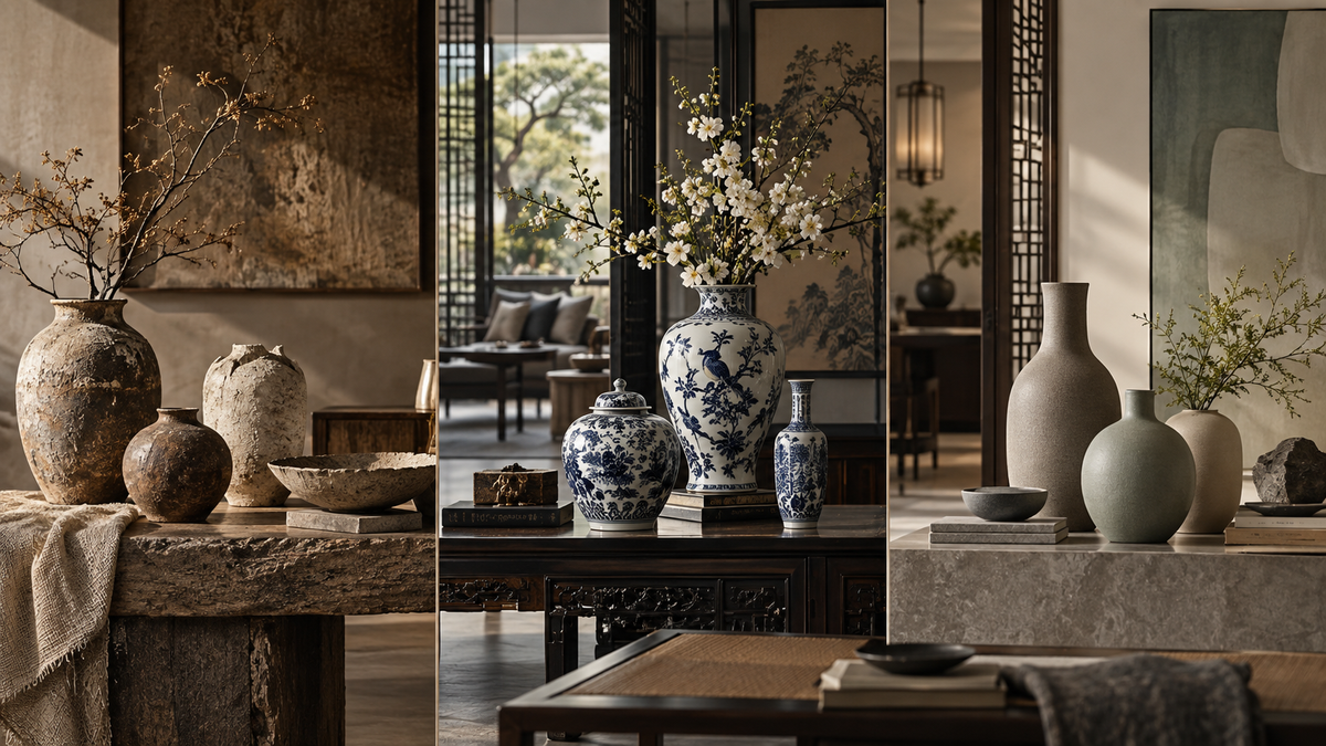 Wabi-sabi, Chinoiserie and Morandi ceramic vase styles in refined interior settings