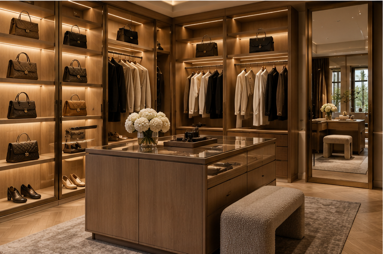 Luxury walk-in closet with retail inspired lighting and display