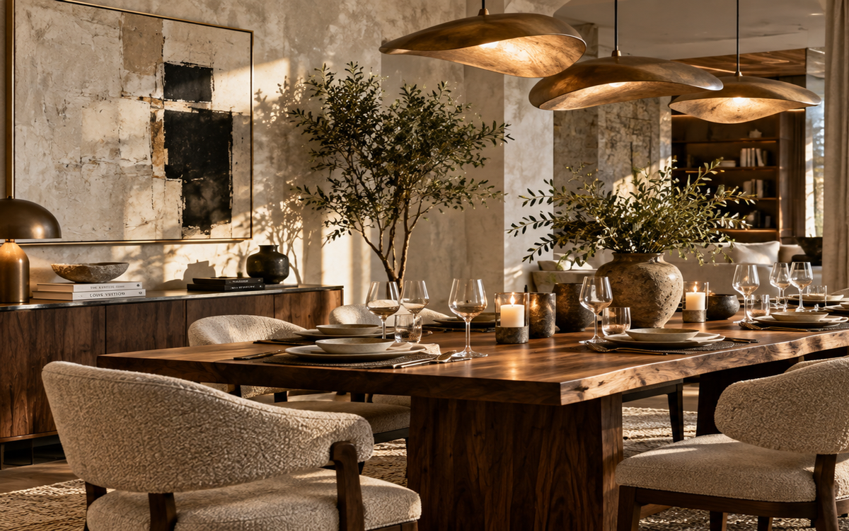 Modern wall decor with large abstract art and warm natural materials