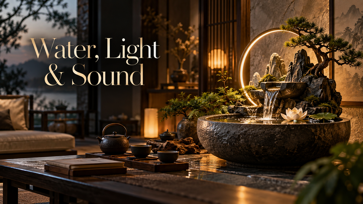 New Chinese indoor fountain with water light and sound in a refined tea room