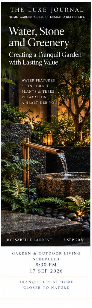Luxury garden magazine cover featuring a tranquil water feature, natural stone, ferns and warm landscape lighting