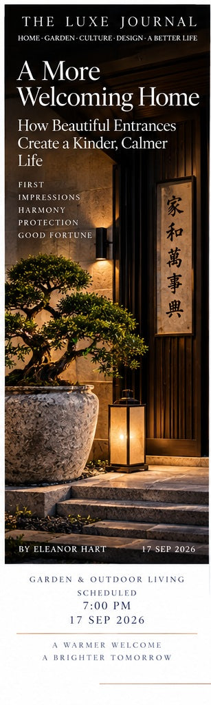 Luxury garden and entrance magazine cover showing a refined doorway, sculptural planter, lantern and layered greenery