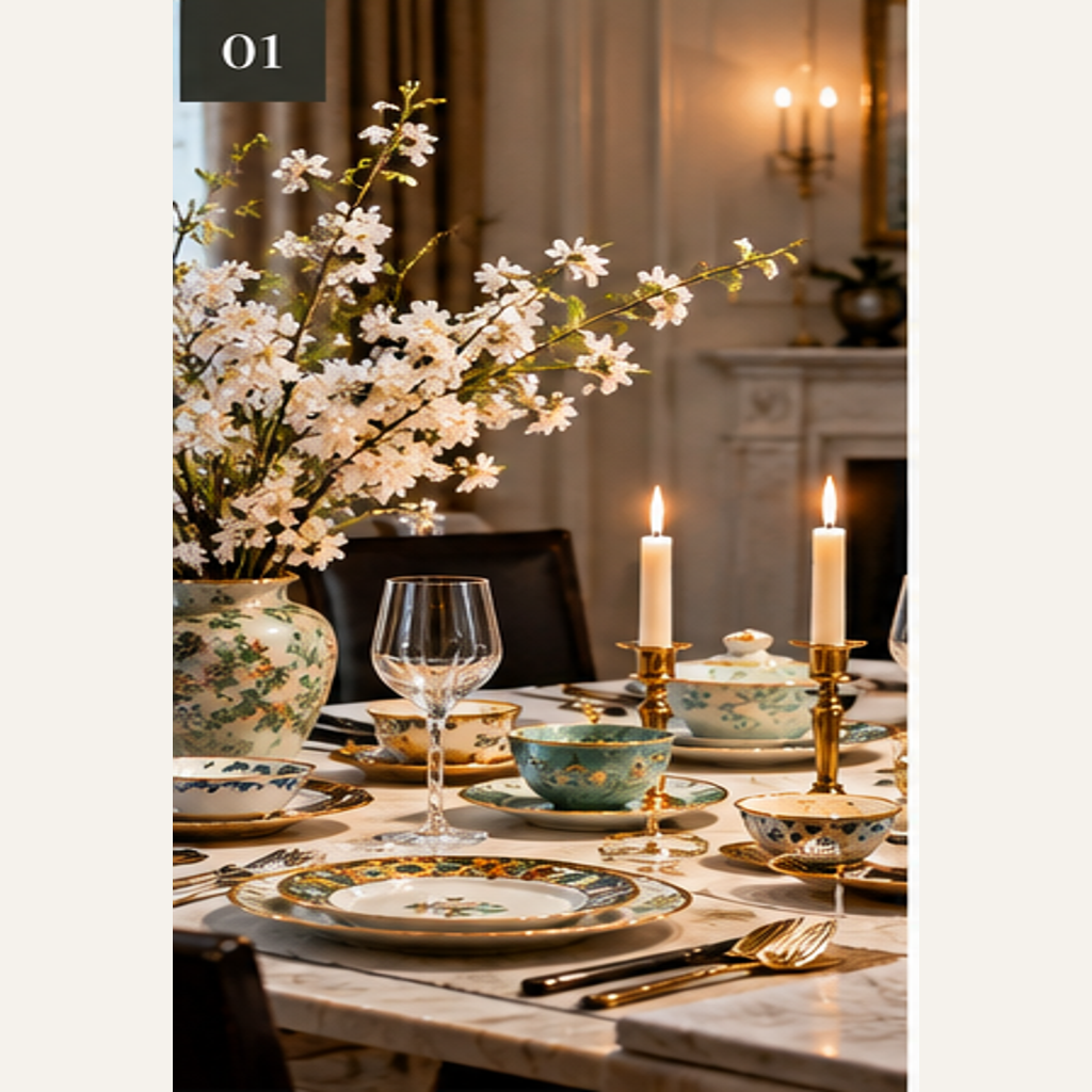 Chinese porcelain dinnerware styled in a refined modern Western dining room
