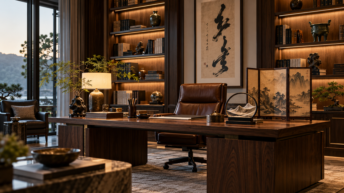 Western executive home office styled with Chinese scholar objects calligraphy and landscape decor