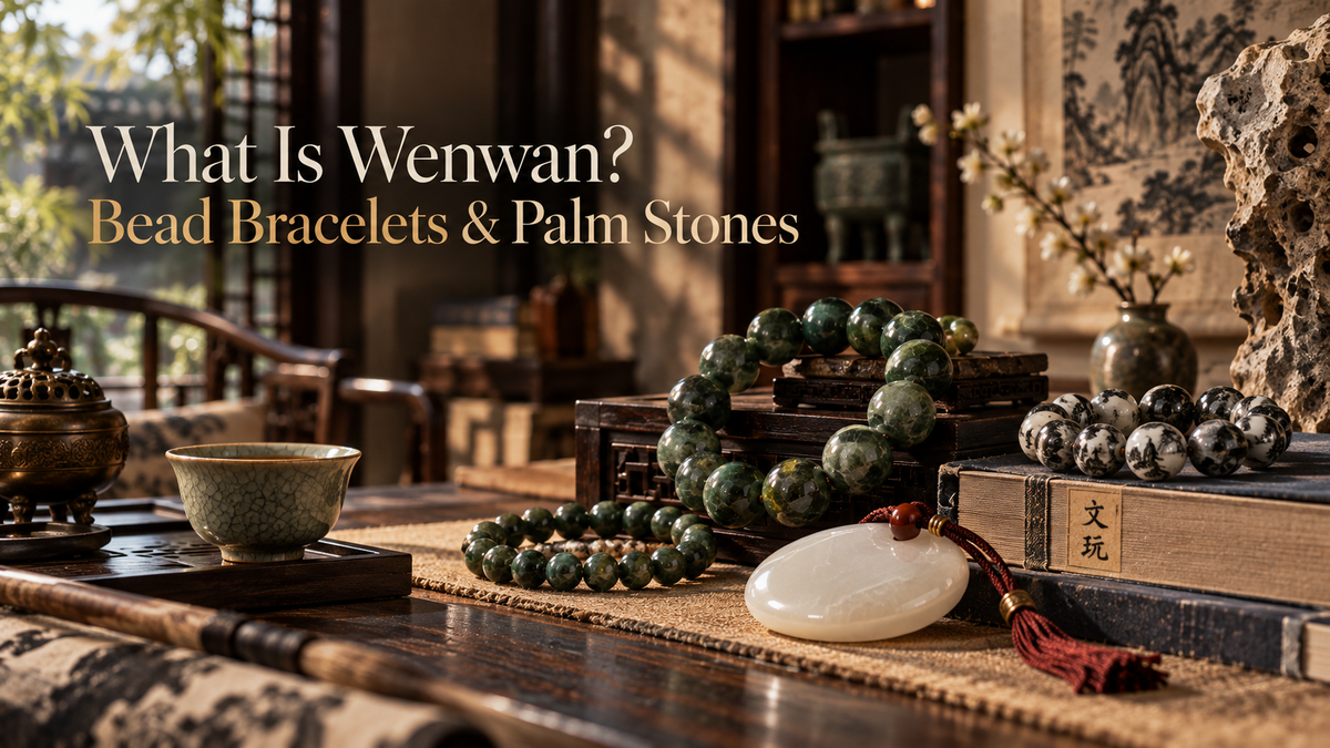 Chinese Wenwan bead bracelets and palm stones in a scholar-style setting