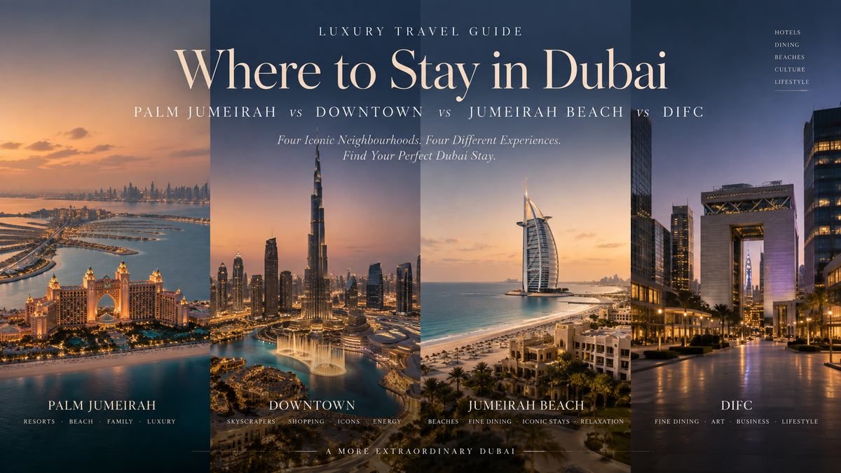 Dubai luxury travel guide comparing Palm Jumeirah, Downtown, Jumeirah Beach and DIFC