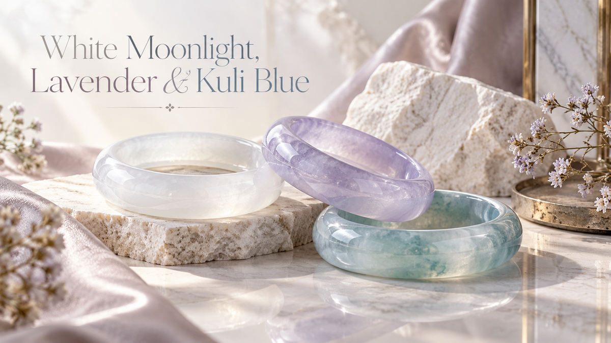 White Moonlight Lavender and Kuli Blue chalcedony bangles compared in luxury editorial styling