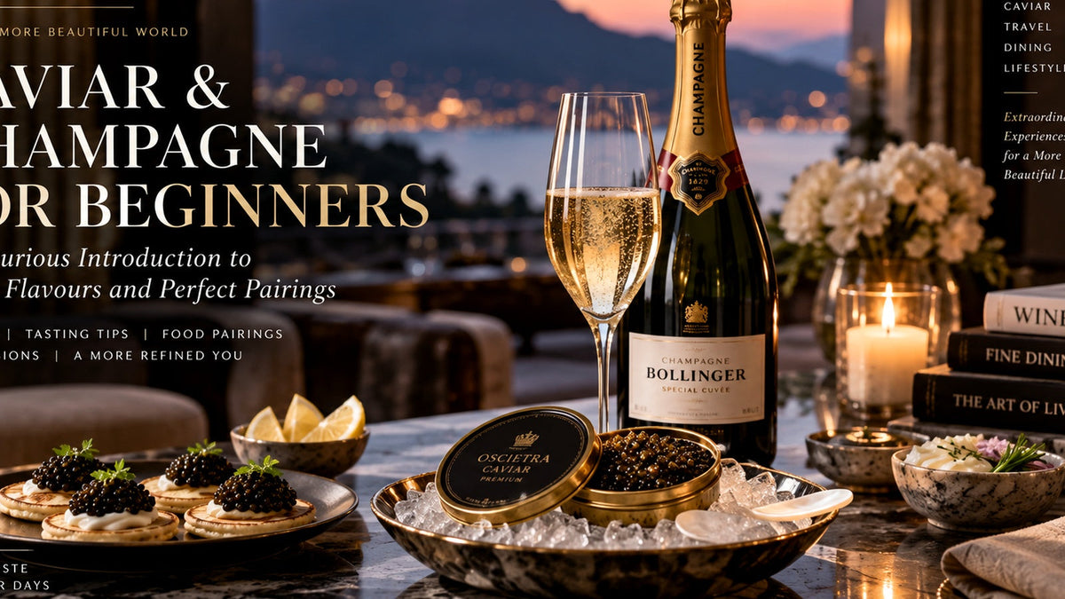 Wine and caviar pairing with sparkling wine, caviar and refined table setting