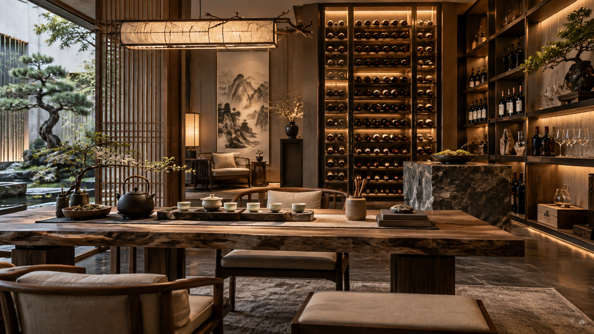Luxury room combining Chinese tea culture with an illuminated wine cellar