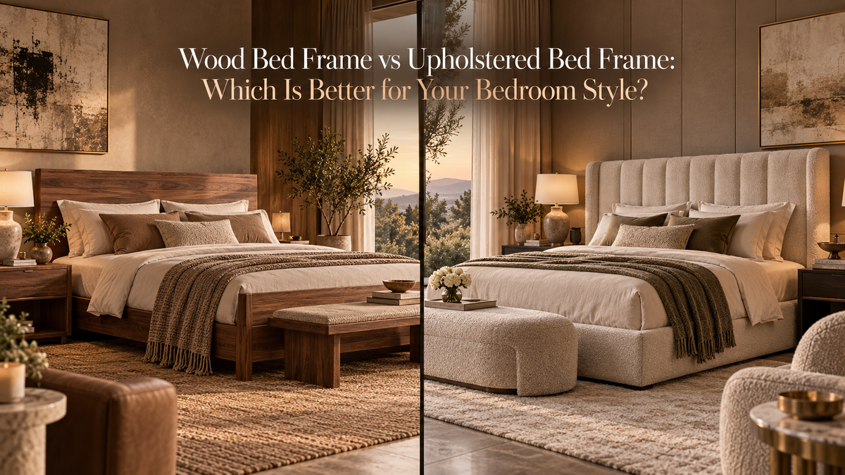 Wood bed frame and upholstered bed frame shown in luxury bedroom interiors