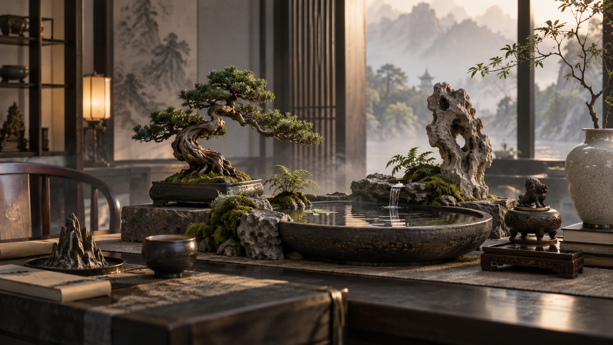 Zen tabletop landscape with bonsai, stone planter, water garden and scholar objects