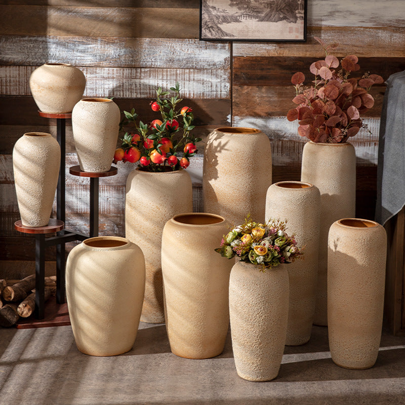 Beige sand texture slim and wide ceramic floor vase collection