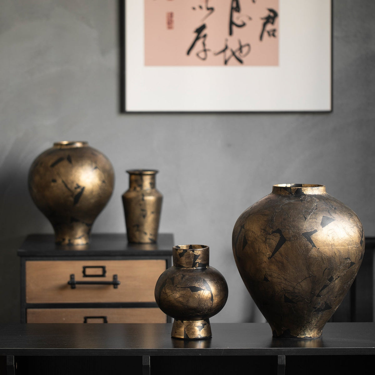 Black gold crackle ceramic vase collection