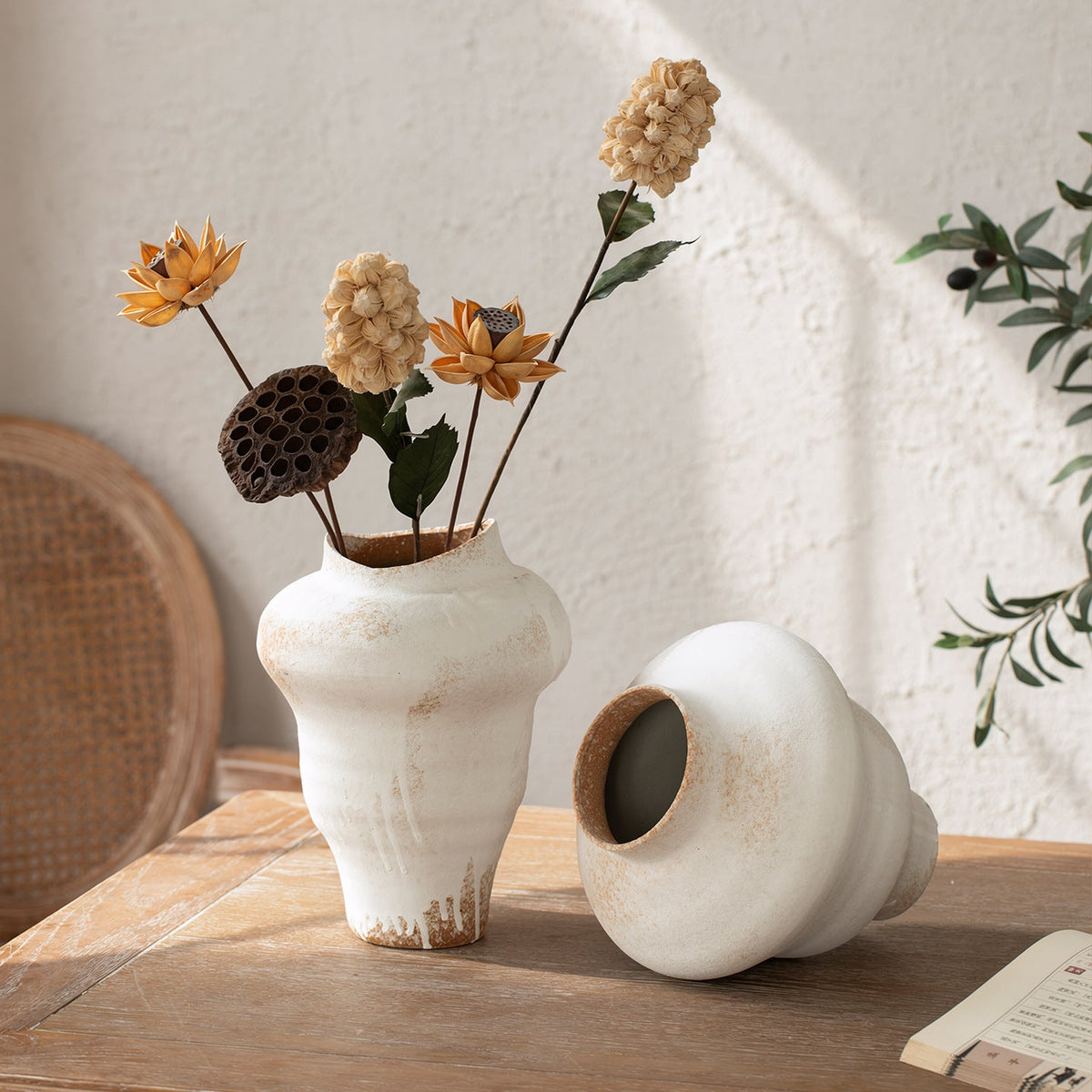 Aged white asymmetrical wabi-sabi ceramic vase collection