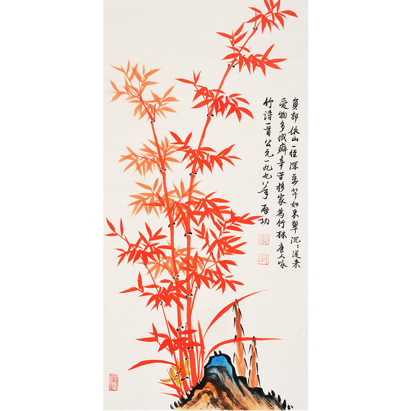 Hand-painted Chinese red bamboo painting with calligraphy