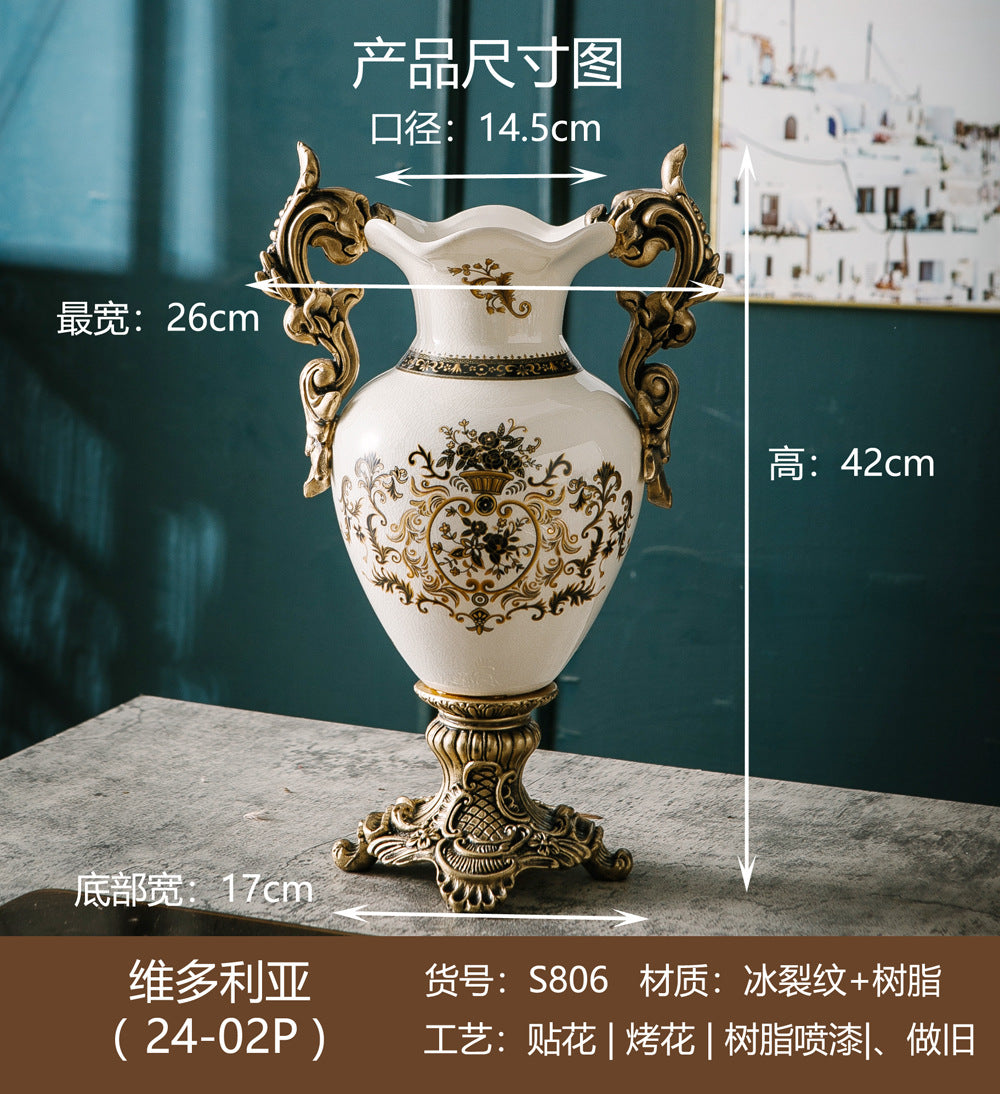 Large double-handle ceramic vase with ivory black medallion motif, ornate bronze-tone resin base, 42 cm high