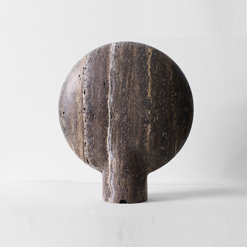Round brown travertine eclipse table lamp unlit front view