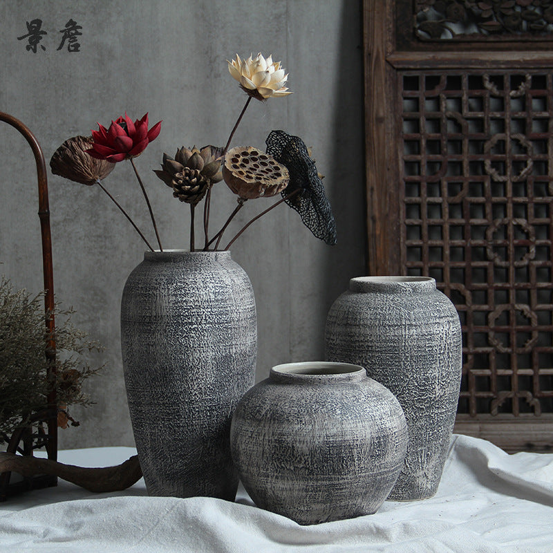 Grey white crosshatched rustic ceramic vase trio in New Chinese interior