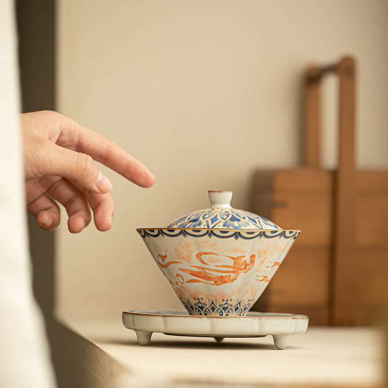 Authentic Jingdezhen Handcrafted Dunhuang Flying Apsaras Stone Rubbing Porcelain Horseshoe Sancai Gaiwan & Conical Cup Set - 160ml