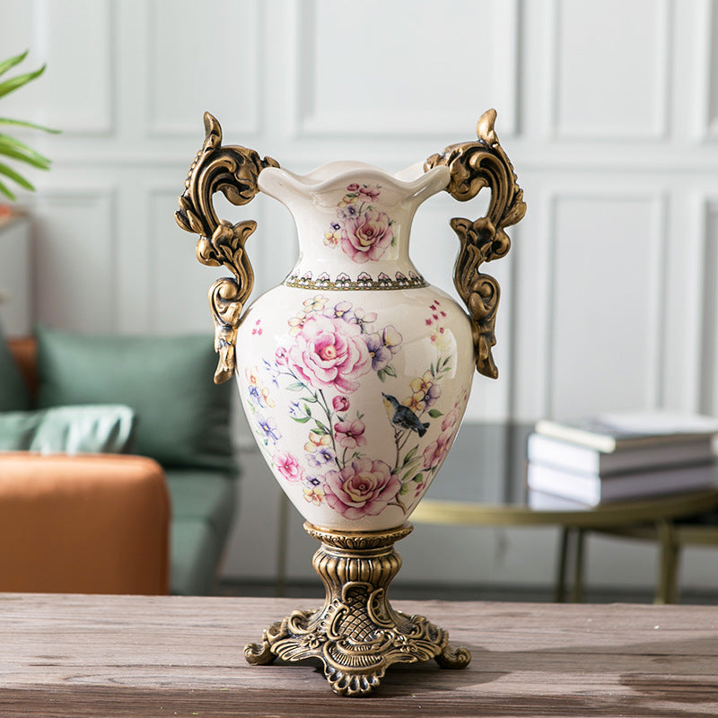 Large double-handle ceramic vase with pink rose garden pattern in elegant interior