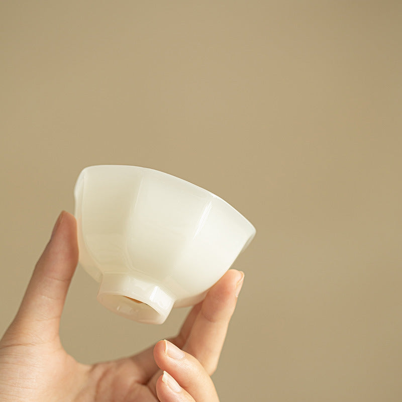 Handcrafted Dehua Ice Mutton Fat Jade Octagonal Thin-Body Master Teacup - 80ml Gongfu Teacup