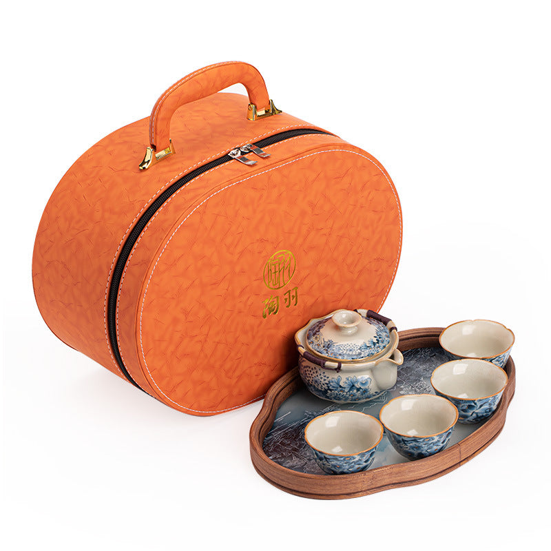 Authentic Dehua Blue & White Wanhua Myriad Flowers Ceramic Travel Tea Set - Portable Camping Gift Box