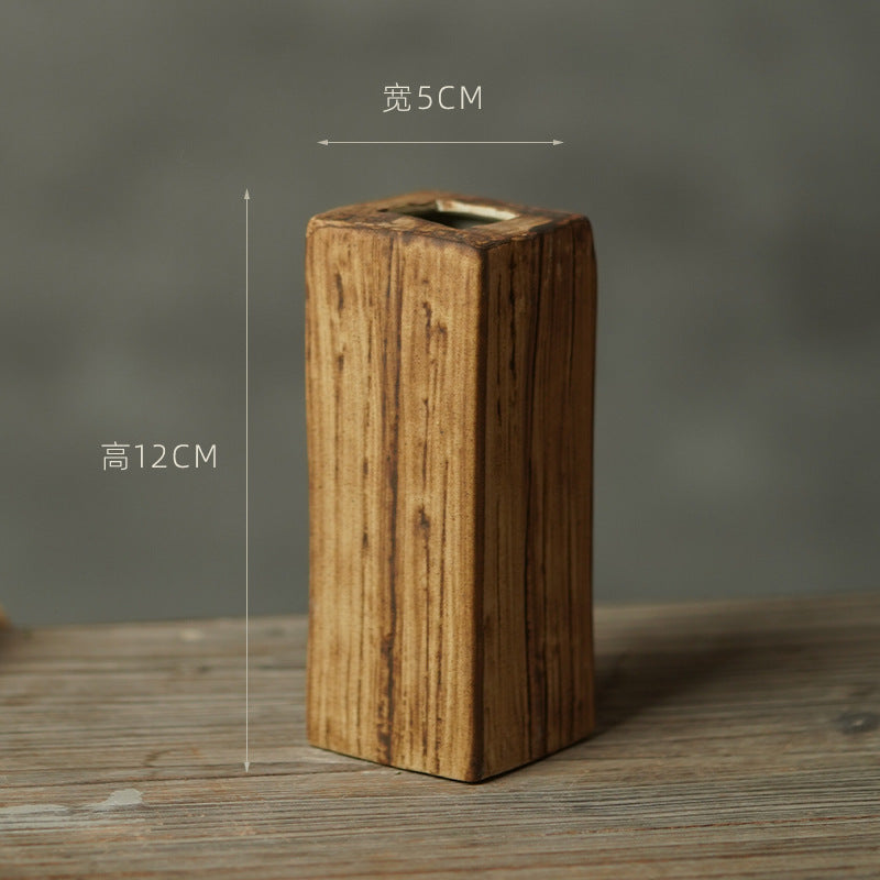 Small faux wood grain rectangular ceramic bud vase 12 cm high