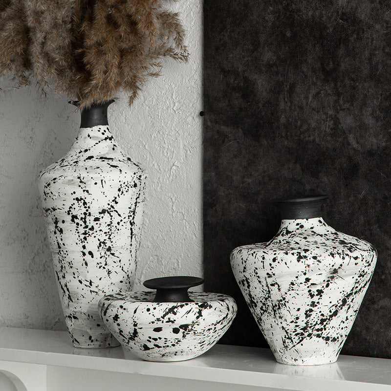 Black and white splatter ceramic vase trio in sculptural New Chinese styling