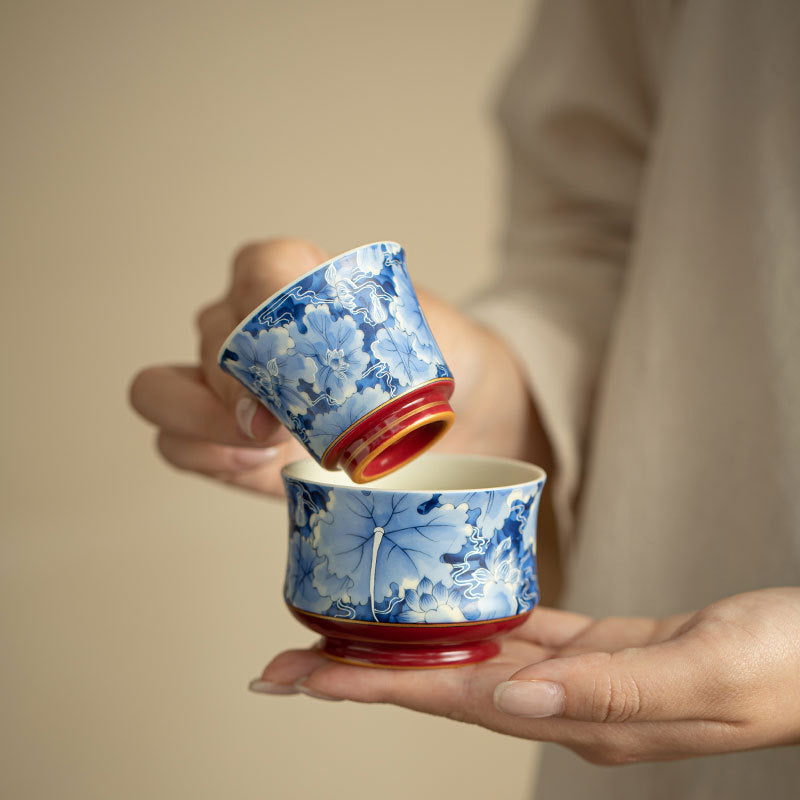 Authentic Jingdezhen Hand-Painted Underglaze Blue & White Allover Lotus Master Tasting Cup Pair (Set of 2) - 70ml Gongfu Teacups