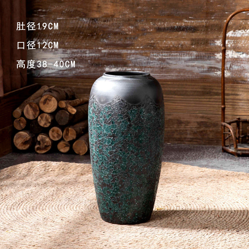 Slim green patina ceramic floor vase 38 to 40 cm high